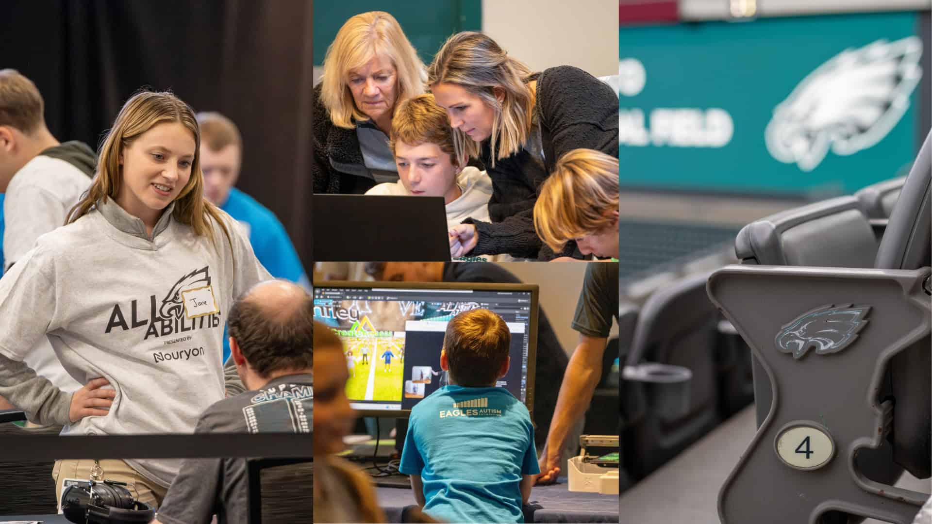 A collage featuring people at an event with computers, a woman in an “All Abilities” shirt, children with adults at monitors, and a close-up of a stadium seat with the Philadelphia Eagles logo, highlighting inclusion and autism awareness.