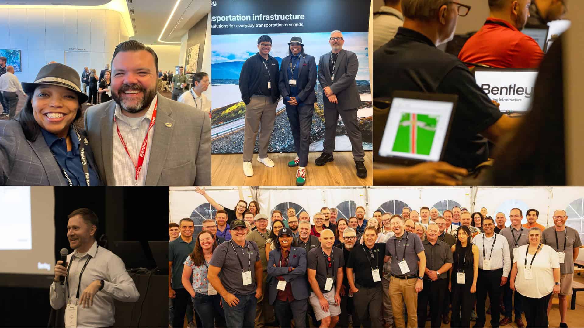 A collage of five images showing Bentley engineers at a conference, including group photos, two-person pictures, and a man discussing the Scholar Program while speaking at a podium.