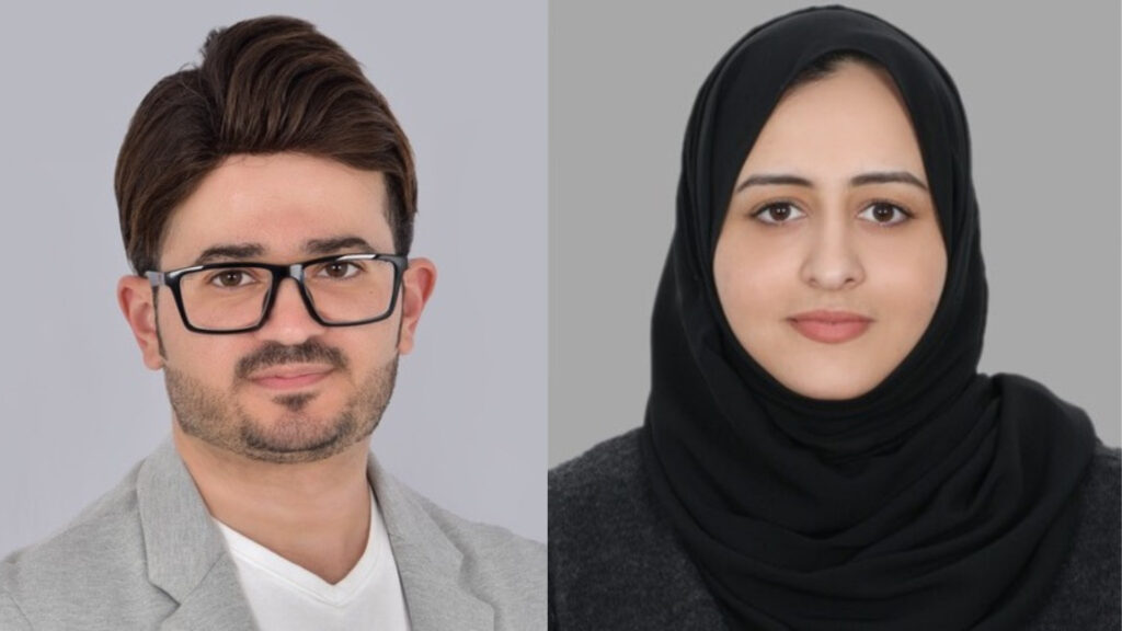 Side-by-side portrait of a power couple: a man in glasses and a light blazer, and a woman in a black hijab and dark top, both facing forward against plain backgrounds—a visual marriage of minds.