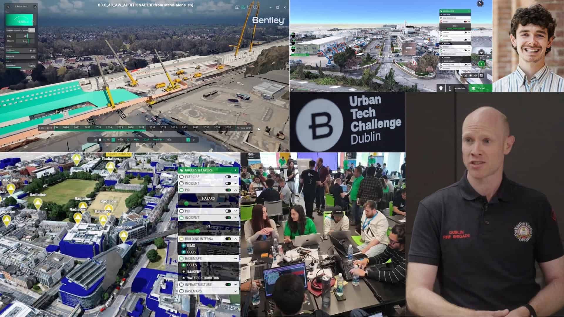 A collage featuring 3D city modeling software, event participants working at computers, and two individuals speaking to the camera. Urban Tech Challenge Dublin branding is visible, highlighting Bentley and NVIDIA’s contributions to smart cities.