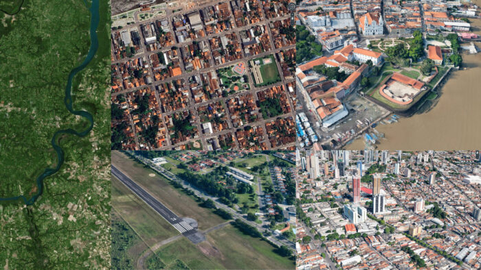 A collage of five aerial and satellite images showing a winding river, cities, an airport runway, and riverside buildings in different landscapes.