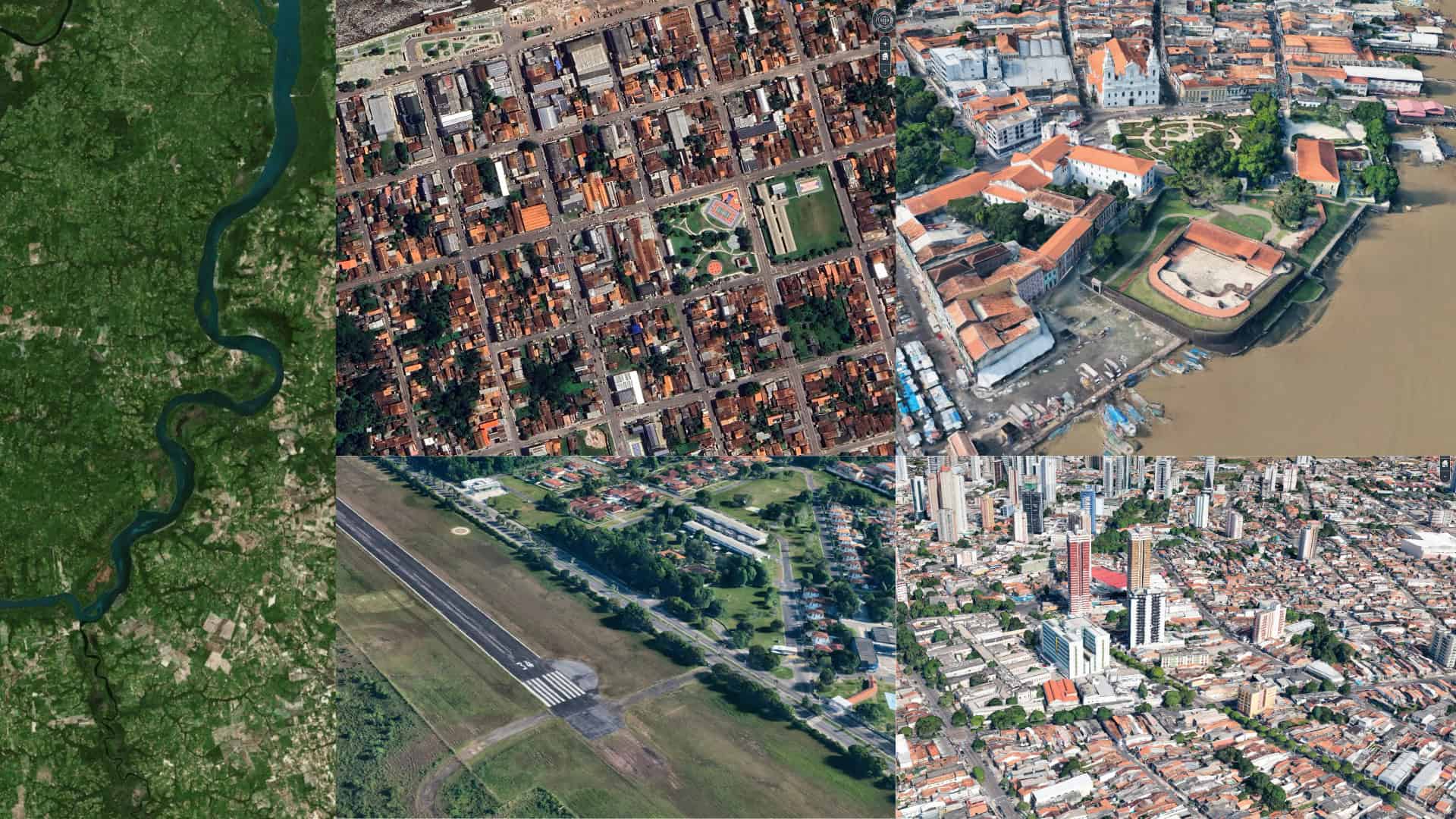 A collage of five aerial and satellite images showing a winding river, cities, an airport runway, and riverside buildings in different landscapes.