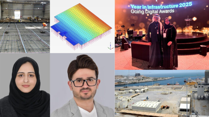 A collage featuring a construction site, a thermal simulation graphic, two people at an award event symbolizing a marriage of minds, individual headshots, and a coastal industrial site.