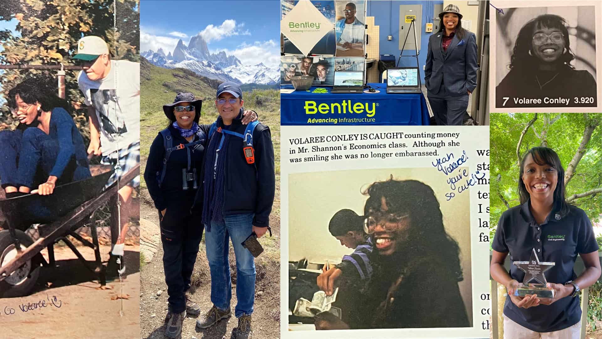 Collage of a Volaree Rendon at various life stages—childhood, hiking in mountains, standing at a booth, holding an award, in old photos, and a candid from calculus class—celebrating milestones as one of the superusers for Bentley Software.