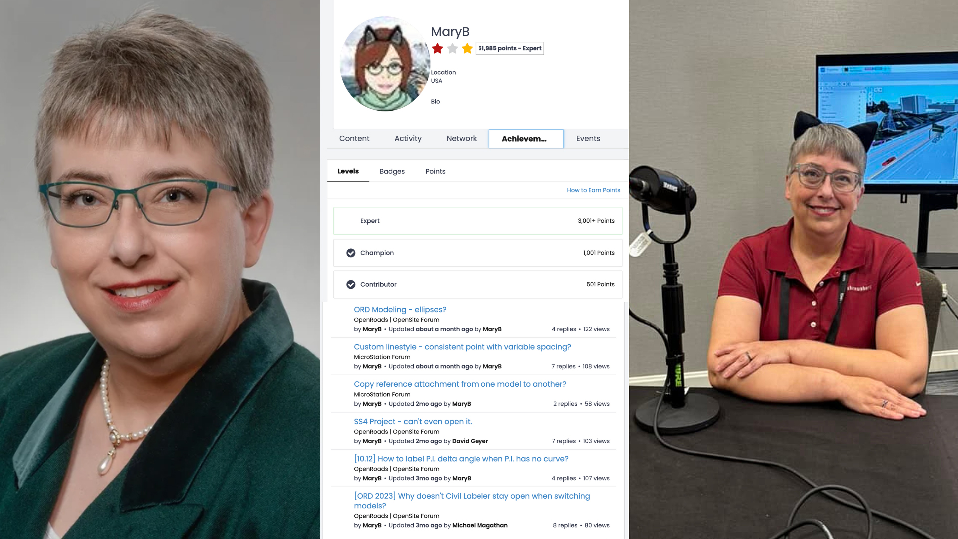 A woman with short gray hair and glasses is shown in a professional portrait, sitting at a podcast table, and on a webpage highlighting Mary Bloswick’s journey as a self-taught drafter within Bentley Communities.