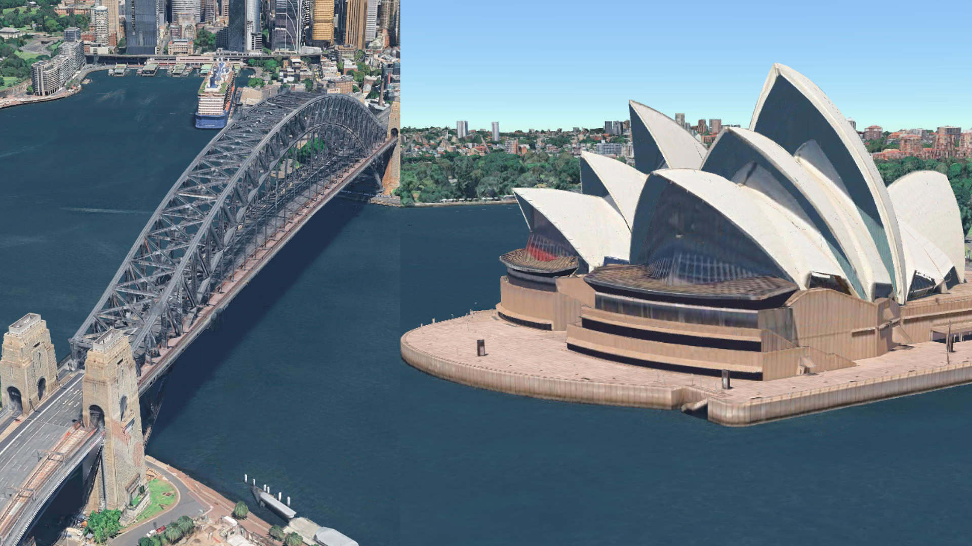 Aerial view of the Sydney Harbour Bridge on the left and the Sydney Opera House on the right, beautifully captured along the waterfront in Harbor City, Australia—perfect for a stunning Sydney 3D tour experience.