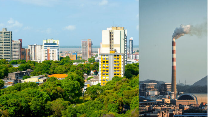 A cityscape with green trees and tall buildings is shown on the left, while a factory with a smokestack emitting smoke is seen on the right, highlighting the need for climate action ahead of COP30.