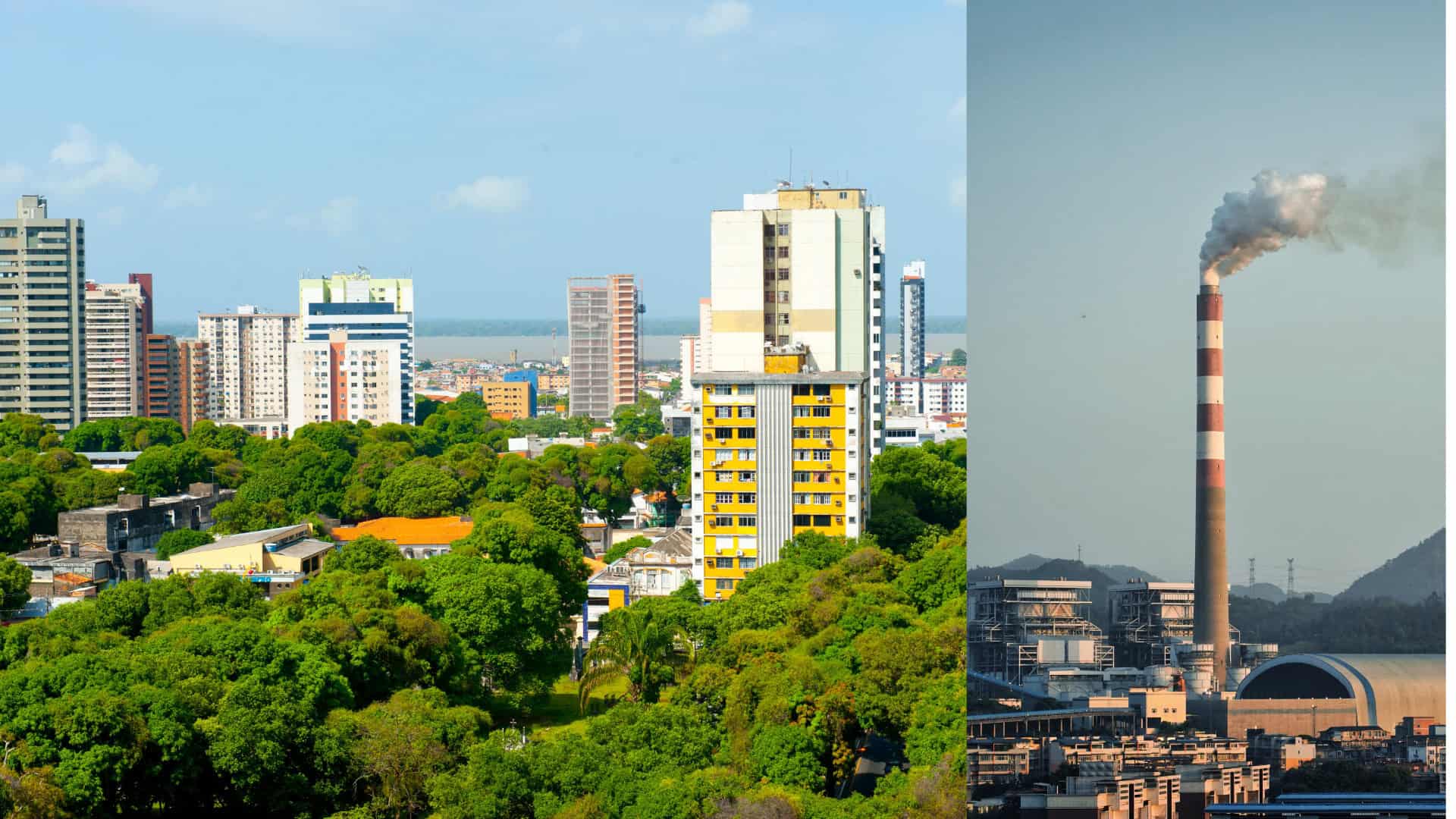 A cityscape with green trees and tall buildings is shown on the left, while a factory with a smokestack emitting smoke is seen on the right, highlighting the need for climate action ahead of COP30.