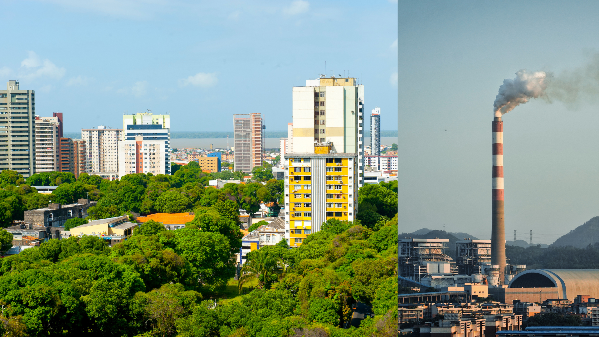 A cityscape with green trees and tall buildings is shown on the left, while a factory with a smokestack emitting smoke is seen on the right, highlighting the need for climate action ahead of COP30.
