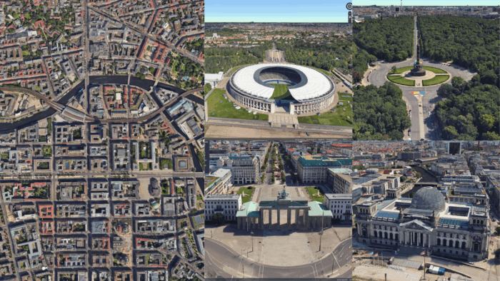 Collage of aerial and street-level images of Berlin, featuring city blocks, the Olympic Stadium, the Brandenburg Gate, and the Reichstag building with surrounding urban areas rendered in stunning Cesium 3D detail.