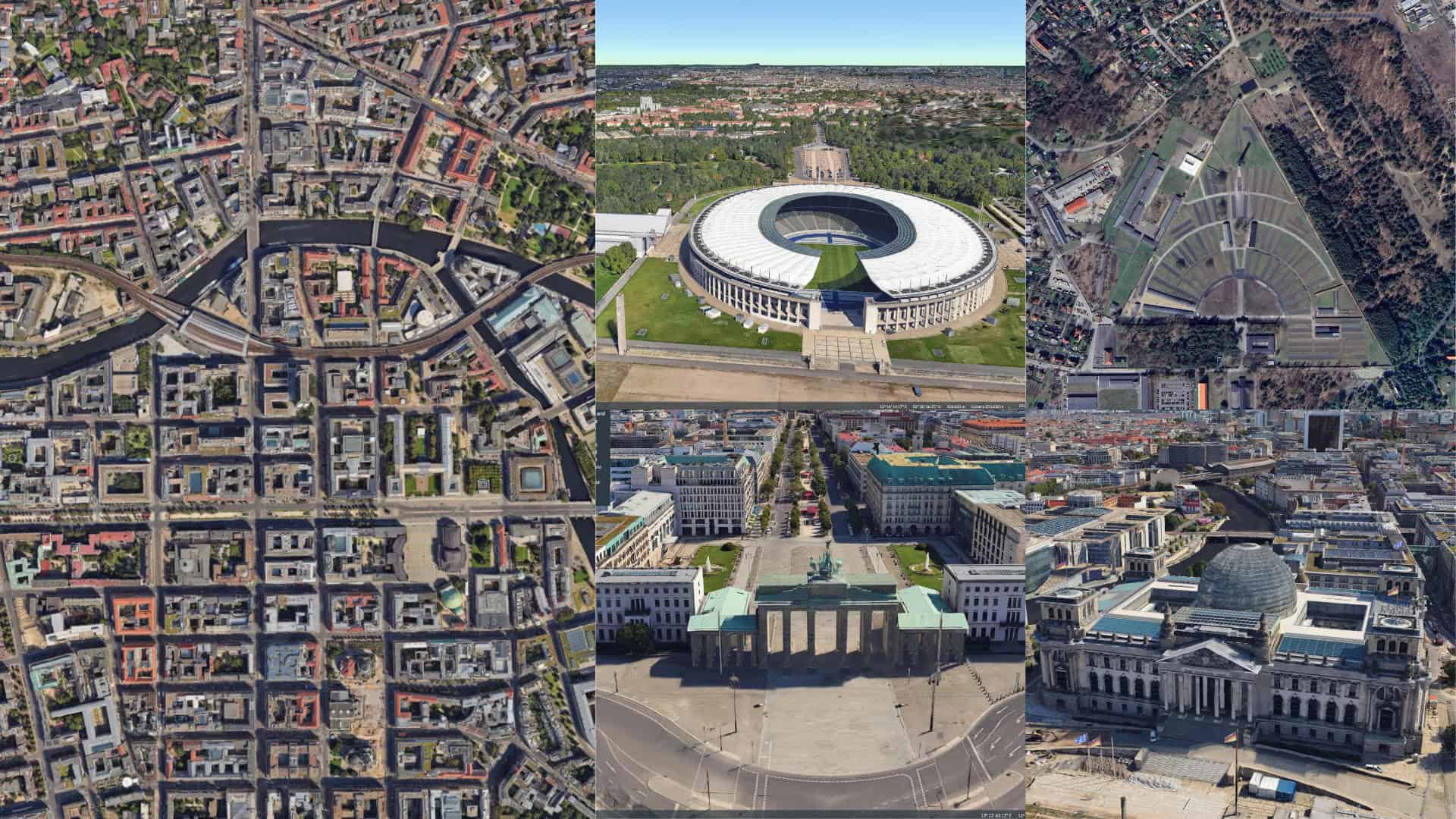 Collage of aerial and street-level images of Berlin, featuring city blocks, the Olympic Stadium, the Brandenburg Gate, and the Reichstag building with surrounding urban areas rendered in stunning Cesium 3D detail.