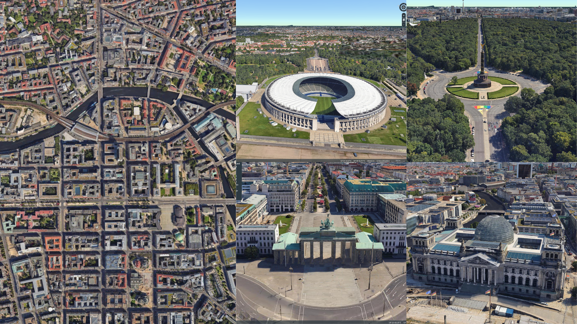Collage of aerial and street-level images of Berlin, featuring city blocks, the Olympic Stadium, the Brandenburg Gate, and the Reichstag building with surrounding urban areas rendered in stunning Cesium 3D detail.