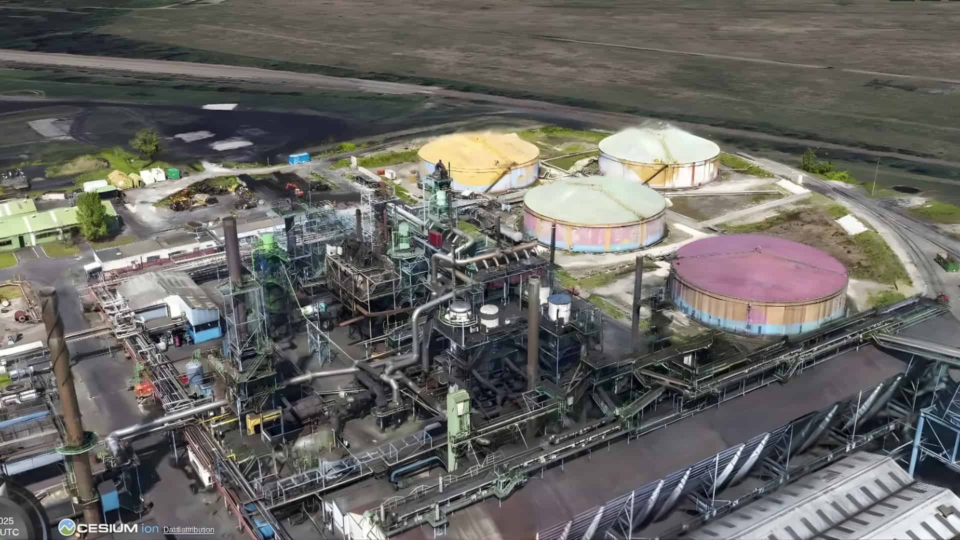 Aerial view of an industrial facility featuring large circular storage tanks and metal infrastructure, surrounded by open land, captured in crisp detail reminiscent of Gaussian splats.