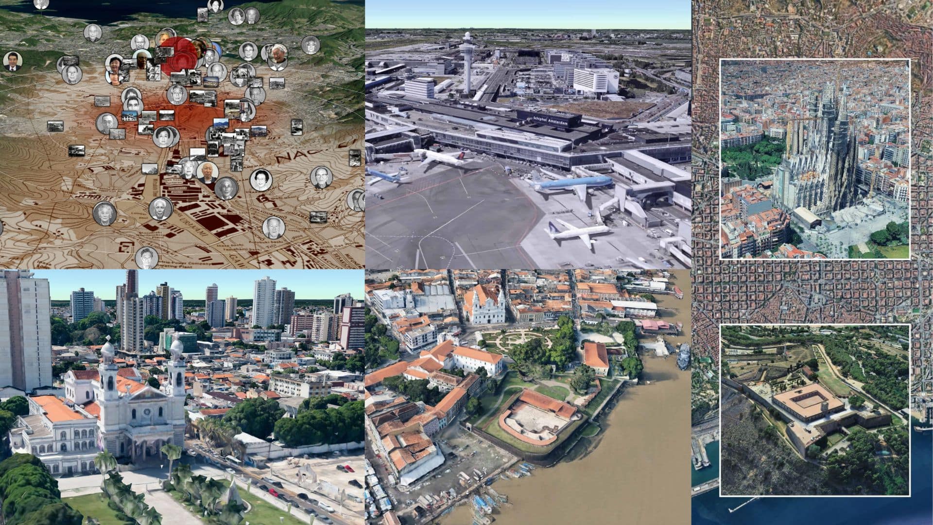 A collage of six aerial and 3D map views shows airports, city layouts, landmarks, and historical sites in urban and riverfront areas.