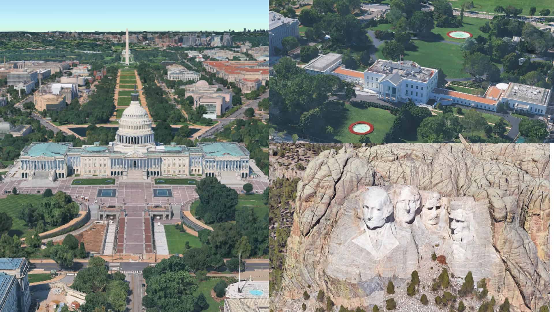 Composite image showing the U.S. Capitol, the White House with two marked helicopter landing pads, and Mount Rushmore’s four presidential sculptures—an inspiring visual for a virtual tour celebrating America at 250.