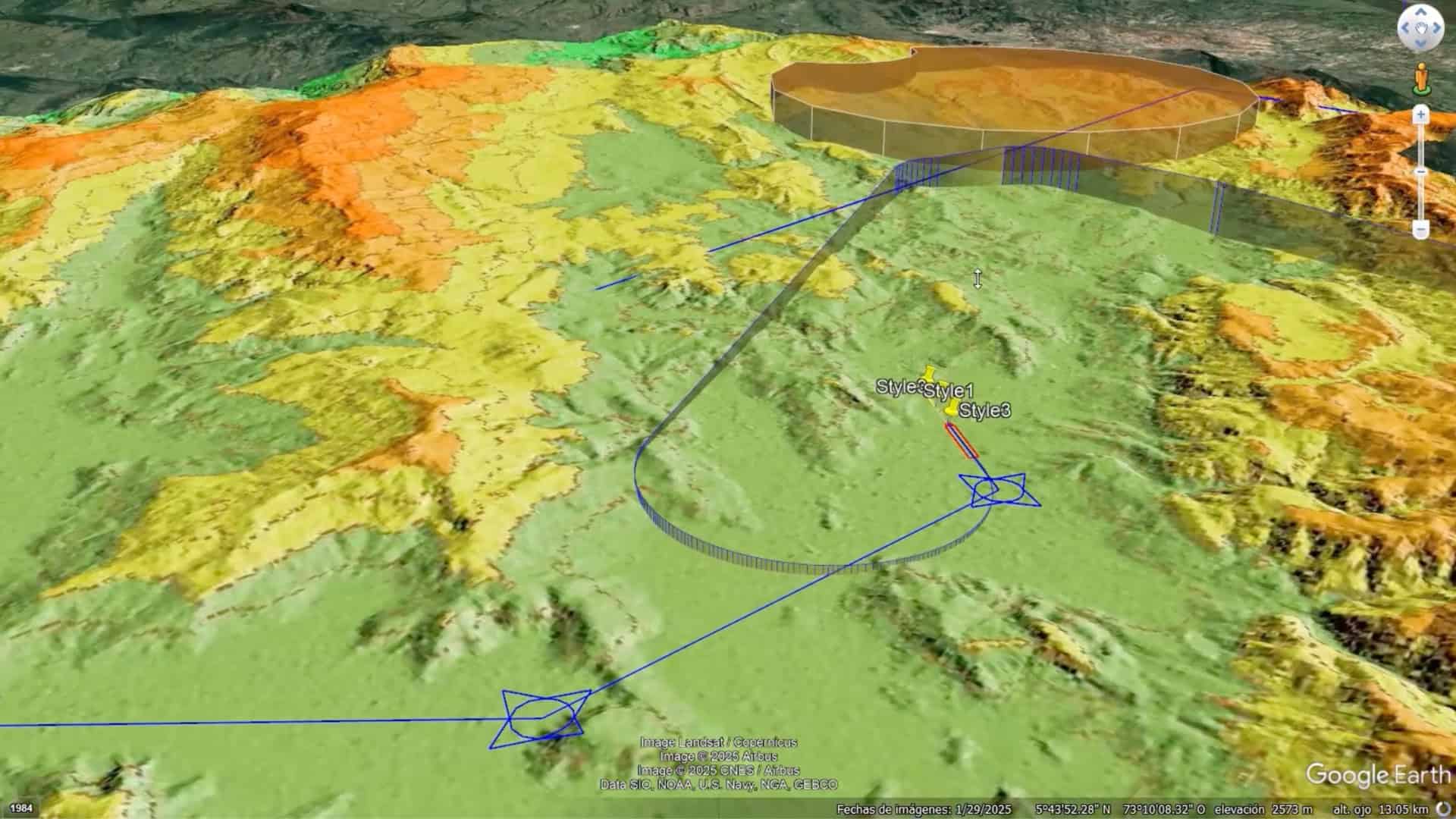 A 3D topographic map of Colombia with color-coded elevation, a flight path marked in blue, and a highlighted circular area labeled "SideView Slice" created using mapping software—ideal for analyzing access to isolated towns.