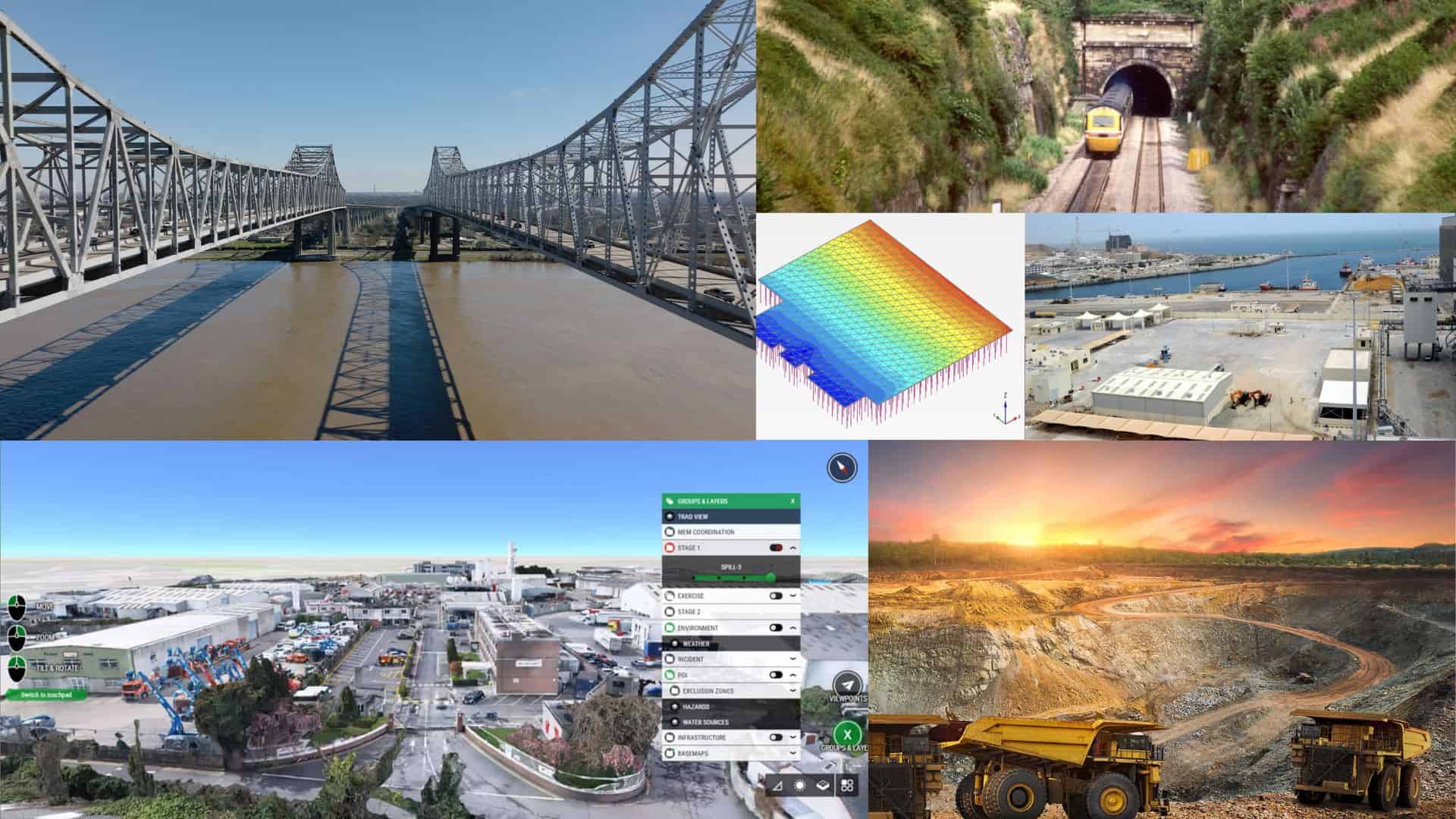 A collage showing bridges, a train exiting a tunnel, a 3D surface plot, an industrial port, a construction site map, and mining trucks in an open-pit mine at sunset.