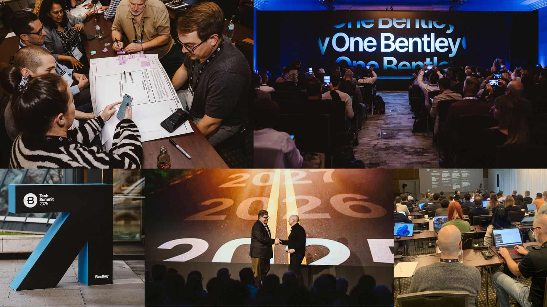 A collage shows people collaborating at tables, a stage presentation with a large "One Bentley" screen, a handshake, and attendees seated in a conference room.