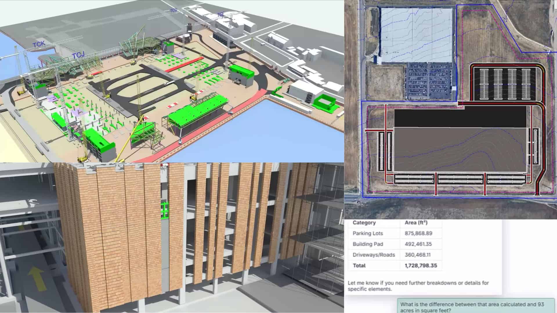 Collage shows 3D site plans, an aerial view with outlined zones, and a table listing area calculations for parking, building, and driveways—ideal for Bentley or AI-enabled applications.