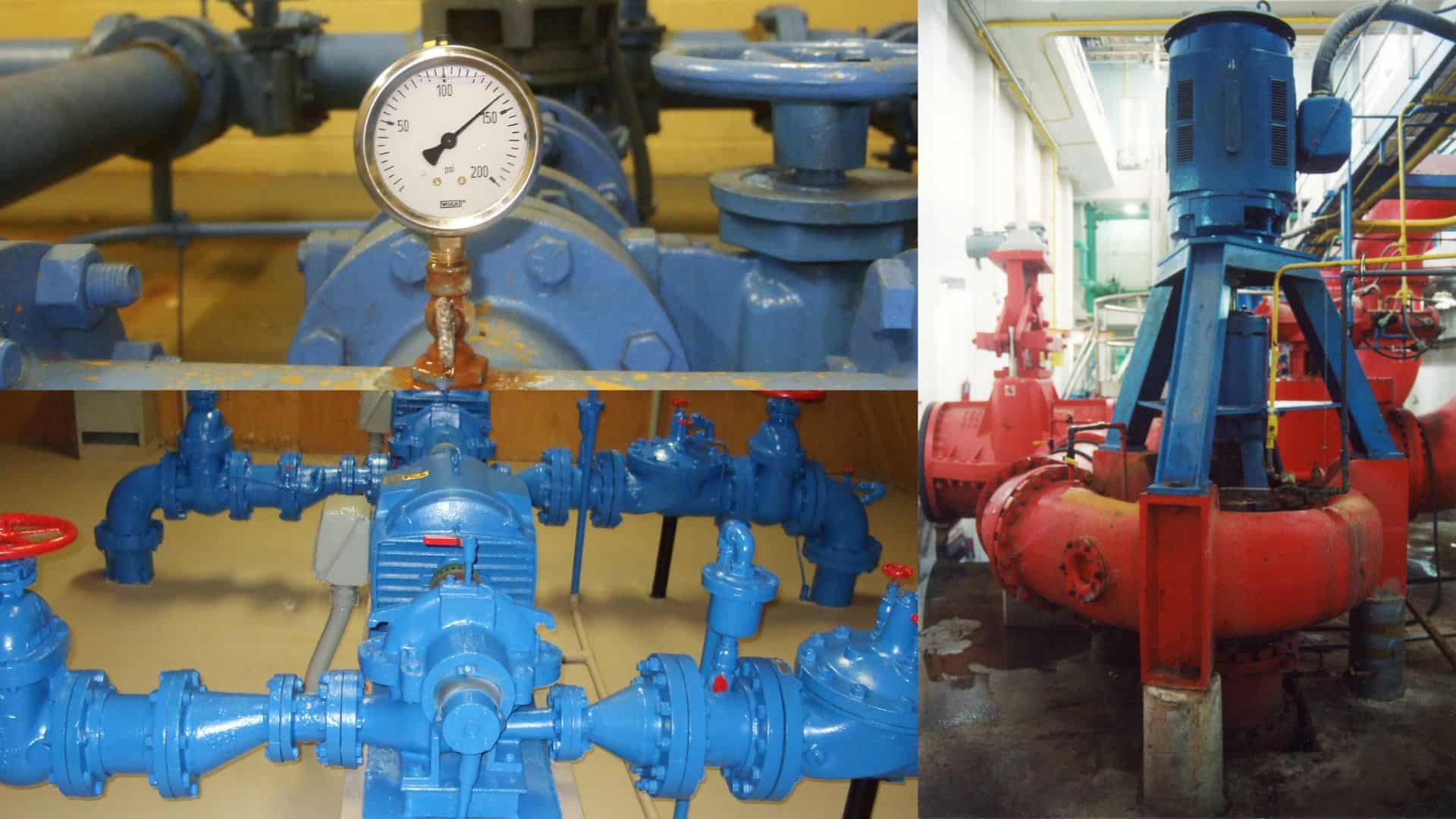Collage of industrial water pump systems, featuring blue pipe setups with valves and a pressure gauge, and a large red and blue vertical pump in a facility.
