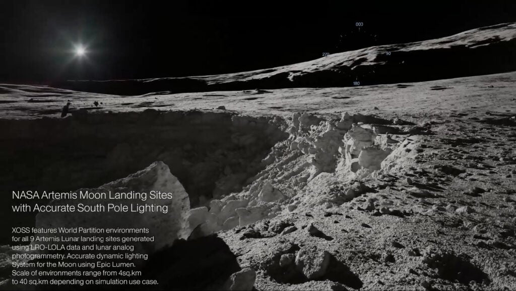 A lunar landscape with a large crater under bright sunlight at the Moon's south pole, with labeled landing sites for the NASA Artemis mission visible in the background.