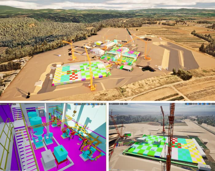 Aerial and close-up views of a construction site with digital models overlaying building plans, cranes, and equipment, surrounded by fields and hills.