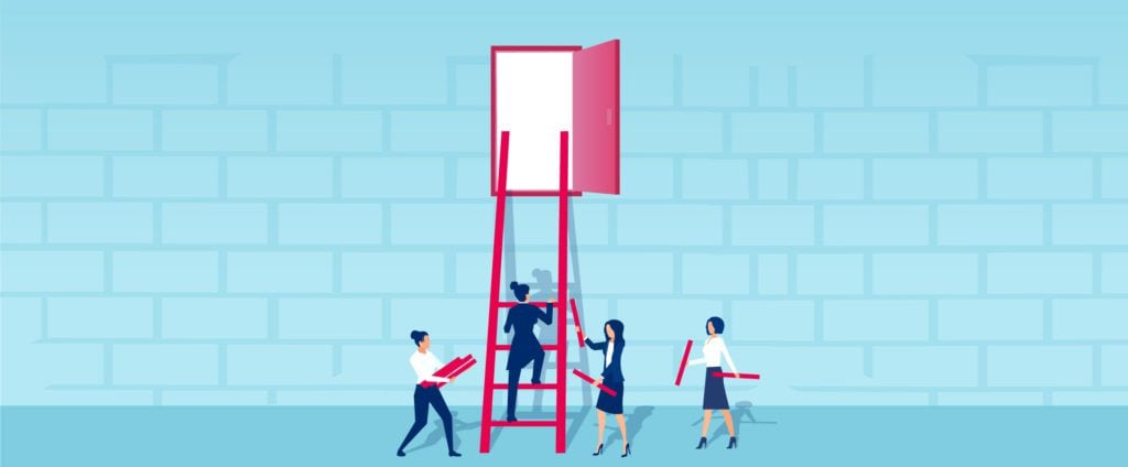 Illustration of professional women working as a team to build a ladder to success.