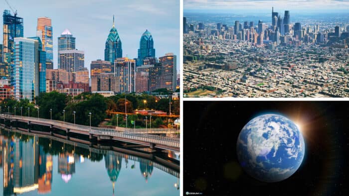 A collage with a city skyline and river, an aerial view of a city, and an image of Earth from space.