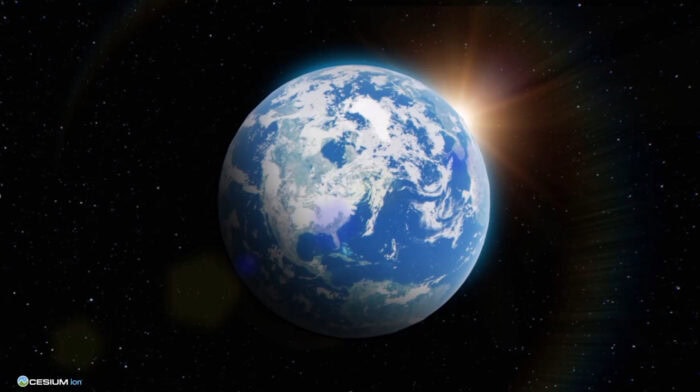 A view of planet Earth from space, showing continents, oceans, clouds, and the sun rising behind the planet with a backdrop of stars.