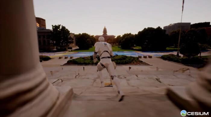 A humanoid robot, with intricate graphics inspired by Cesium's visualization tech, descends a set of stone steps towards a park with a fountain. The scene is framed by surrounding buildings under a dusky sky, casting an otherworldly glow on the landscape.