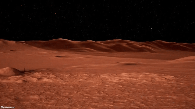 Animation of the Mars surface under a starry sky, showing rocky terrain and reddish sand dunes with slow camera movement, created using Cesium Mars for an immersive exploration of future Space Cities.