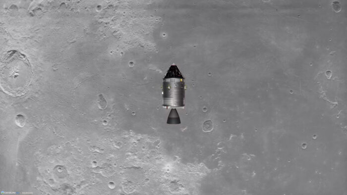 A spacecraft hovers above a gray, cratered lunar surface, with several circular craters visible in the background.