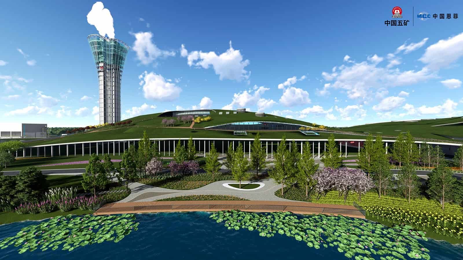 Modern building with a green, grass-covered roof, surrounding gardens, and a pond with lily pads showcases Xiong’an’s vision for greener urban living, complemented by a tall observation tower in the background under a blue sky.