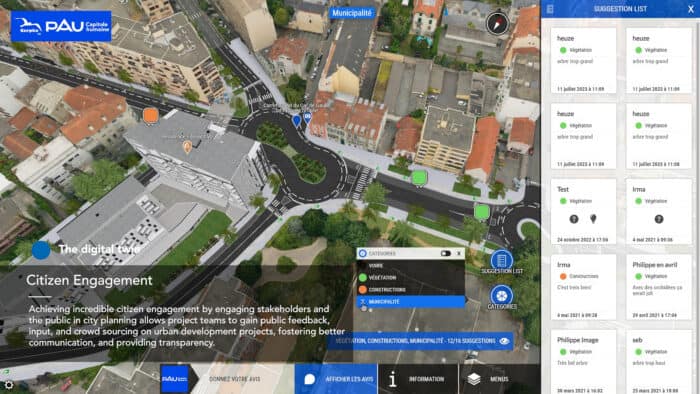 Aerial view of a city intersection with digital overlays, displaying a citizen engagement platform interface and a suggestion list for community feedback on the right side.
