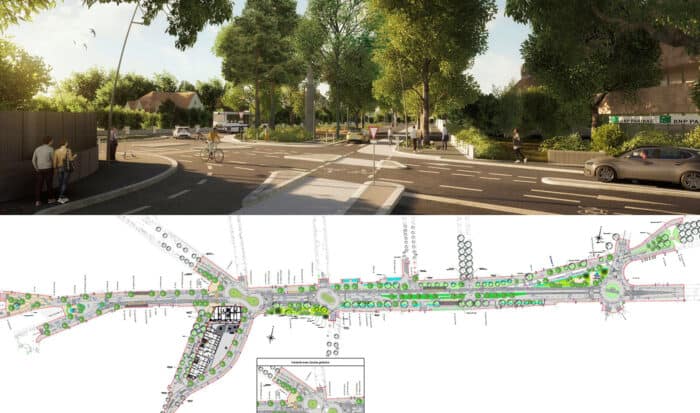 A rendering of a tree-lined urban street with pedestrians and cyclists, shown above a detailed site plan for the same street redevelopment project.