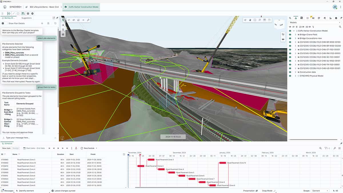 SYNCHRO+ civil model with Bentley CoPilot on the left-hand side