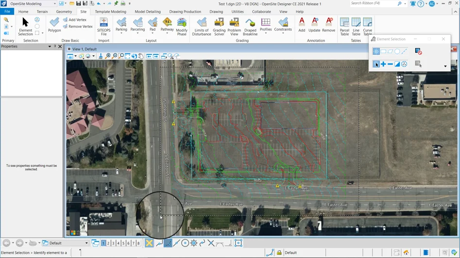 Aerial view of a GIS (Geographic Information System) map. The map shows a designated construction site with various plotted lines and symbols, roadways, and surrounding area infrastructure—a detailed conceptual site plan that land developers can navigate efficiently.