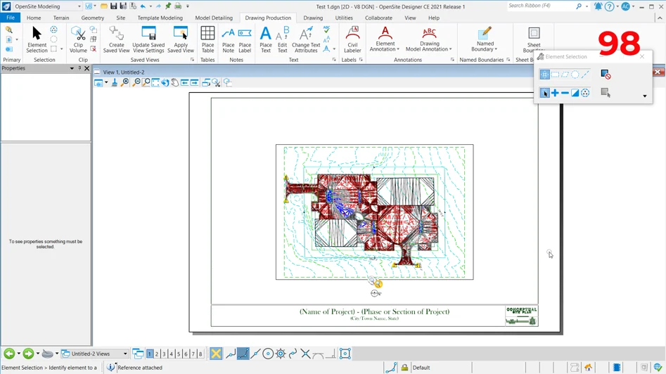 A computer screen displays a technical drawing with a CAD software interface. The drawing appears to be an architectural or engineering plan—a conceptual site plan specifically for land developers. The number 98 is prominently displayed in red at the top right.