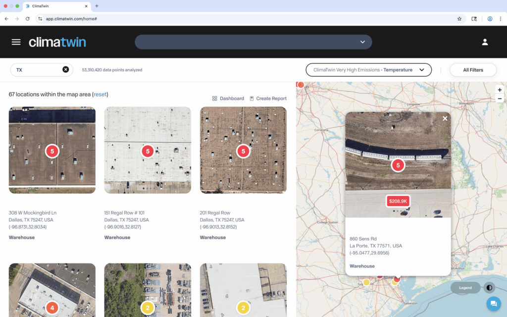 Aerial warehouse photos with location details are shown on a map interface; one warehouse in Dallas, Texas is highlighted with a $205K value tag.