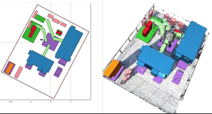  Image on the right shows how computer vision can detect and classify objects in 3D and the image on the left shows a computer vision-generated equivalent site plan drawing.