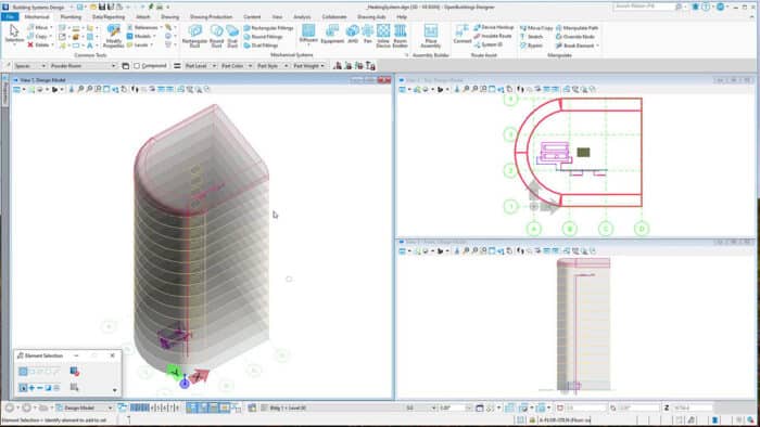 A 3D architectural modeling software interface, like OpenBuildings Designer, displays a multi-story building design with multiple viewports for piping design and floor plans to enhance efficiency.