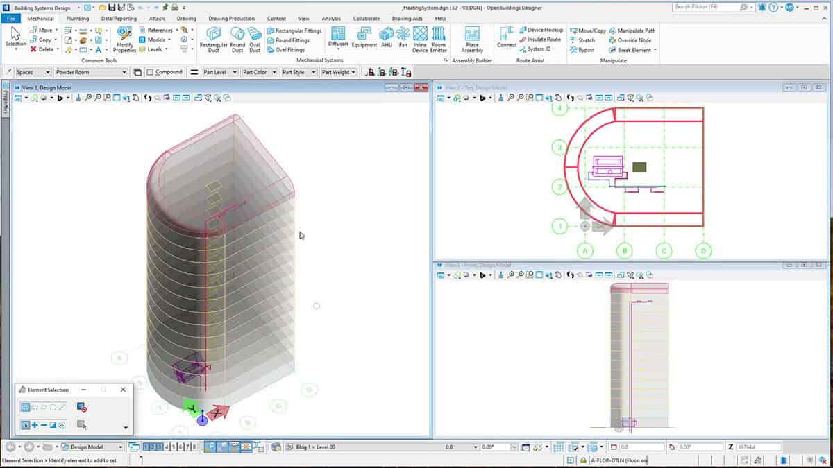 A 3D architectural modeling software interface, like OpenBuildings Designer, displays a multi-story building design with multiple viewports for piping design and floor plans to enhance efficiency.