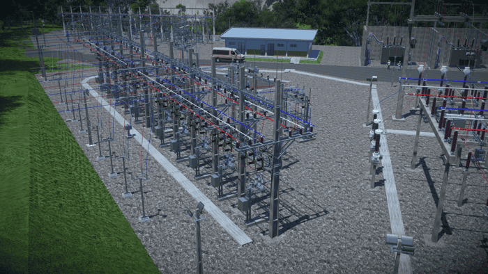An outdoor electrical substation with metal structures, transformers, and power lines features a small building in the background. A Bentley-designed vehicle is parked near the building, highlighting advanced Electrical Substation Design Software used by COPEL.
