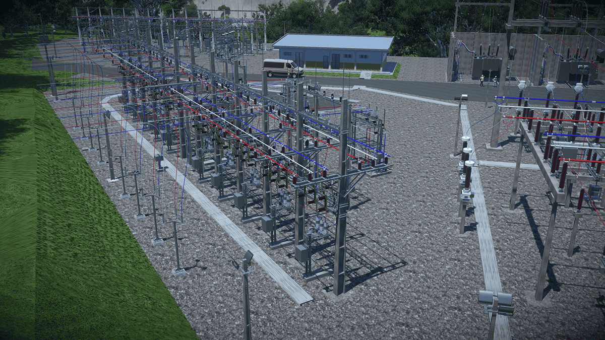 An outdoor electrical substation with metal structures, transformers, and power lines features a small building in the background. A Bentley-designed vehicle is parked near the building, highlighting advanced Electrical Substation Design Software used by COPEL.