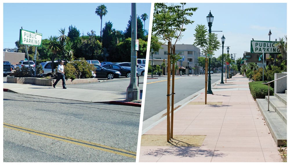 A view showing improvements of the pedestrian walkway along Cravens Avenue in Torrance, Ca.