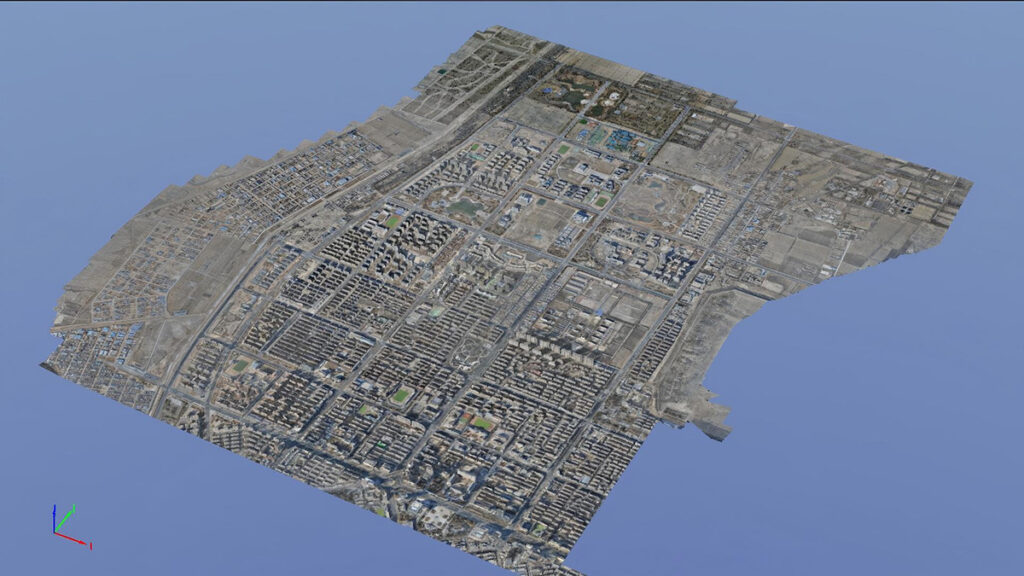 Aerial 3D rendering of an urban city layout in Northwest China, showcasing buildings, roads, and open land in a grid pattern from an angled top-down perspective, highlighting digital innovation in smart flood control.