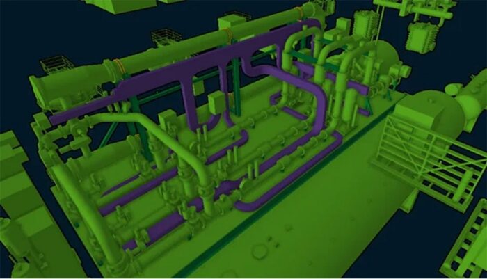 3D model of an industrial piping system with green and purple pipes and various mechanical components, viewed from above.
