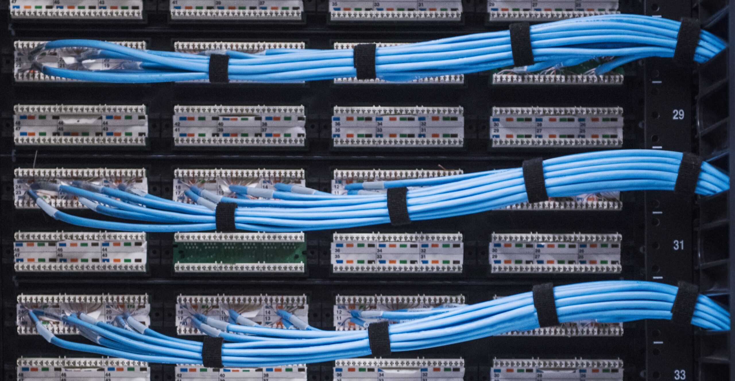 Close-up of blue Ethernet cables neatly organized and secured with Velcro straps, connected to a server rack with multiple network patch panels.