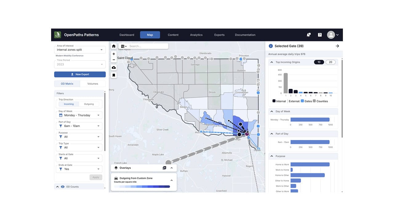 A data visualization dashboard displays a map with routes, highlighted zones, charts, and filtering options for analyzing trip patterns and volumes in a specified region.