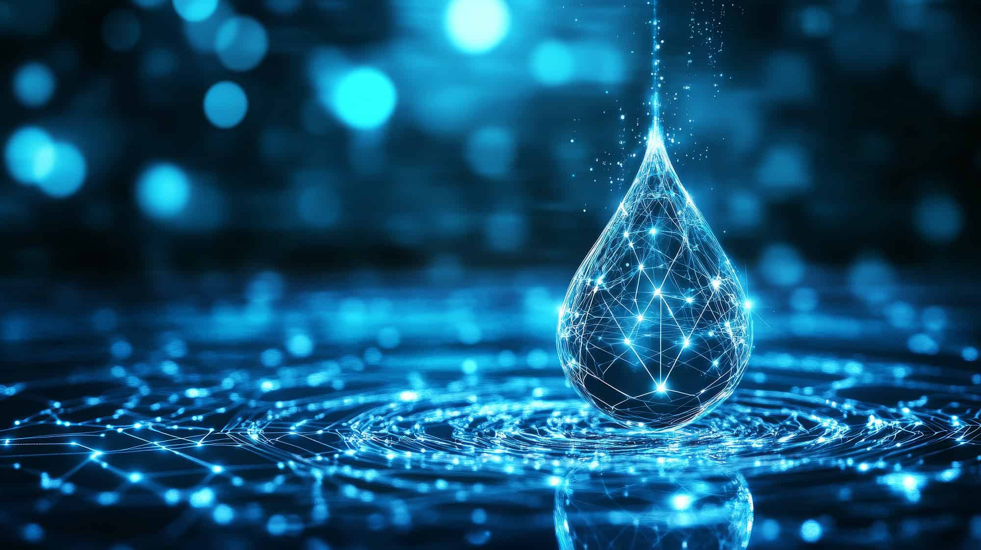 A digital water droplet made of interconnected points and lines floats above a surface, surrounded by glowing blue lights and ripples.